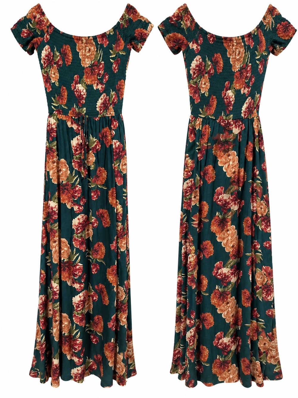 Xhilaration Teal Green Floral Off-Shoulder Maxi Dress
